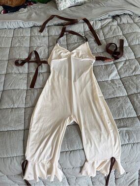 Cream Ruffled Halter Romper with Brown Ties